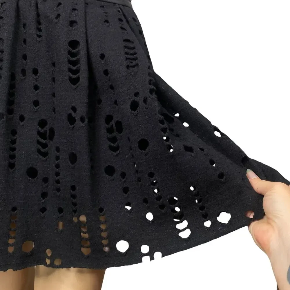 Maje Paris Black Pleated Knit Skirt XS | Laser Cut Perforated Leather Trim Luxe